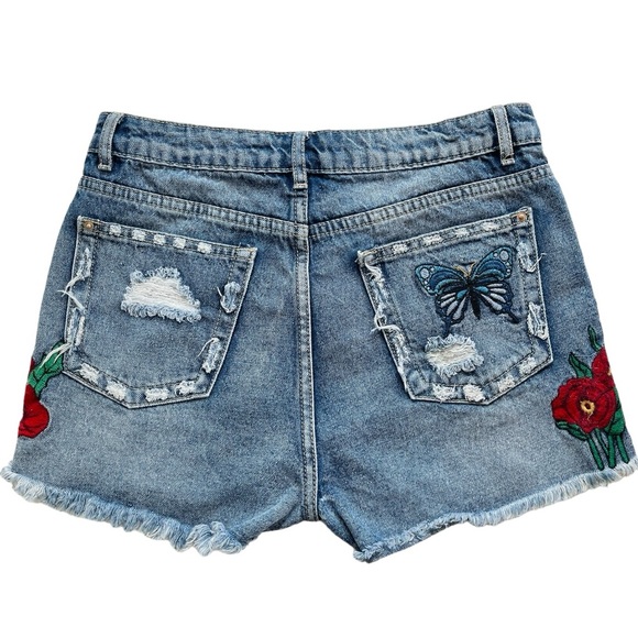 Dex Denim Emroidered Distressed Shorts with Hummingbird Flowers and Butterfly - Picture 7 of 8
